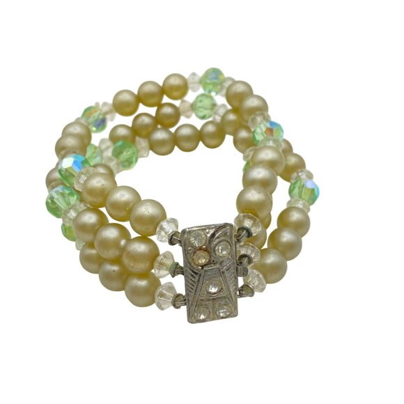 Jewelry - Vintage Faux Pearl Green Crystal Bracelet Rhinestone Box Clasp MCM 1940s-1950s